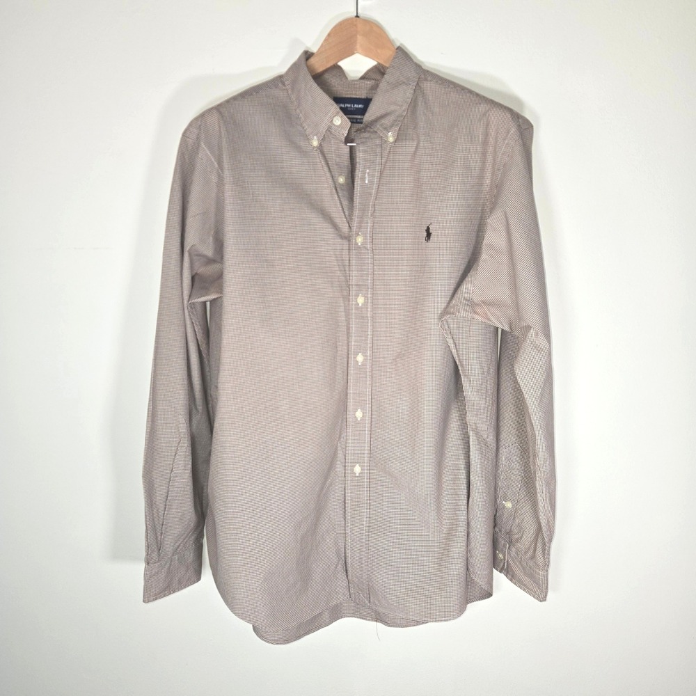 Ralph Lauren Golf Shirt Mens XL Brown Gingham Classic Fit Cotton Button Down
